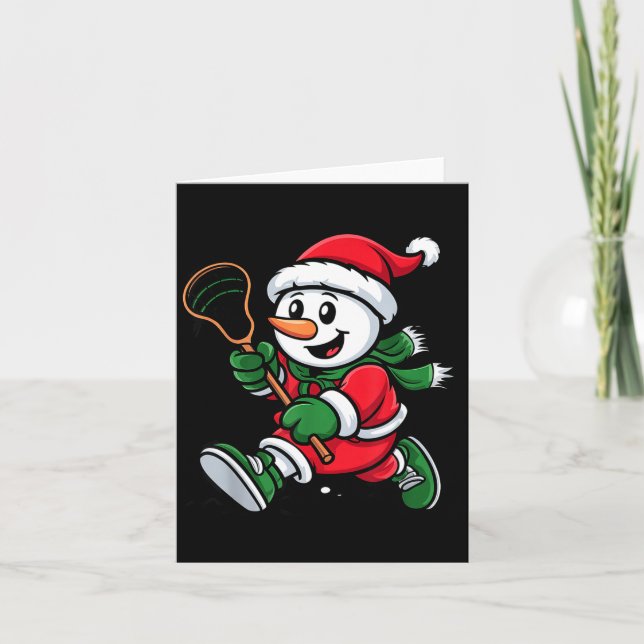 Snowman Santa Hat Playing Lacrosse Christmas Playe Card (Front)