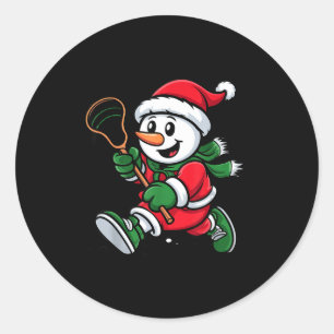 Snowman Santa Hat Playing Lacrosse Christmas Playe Classic Round Sticker