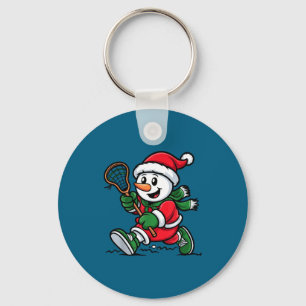 Snowman Santa Hat Playing Lacrosse Christmas Playe Key Ring