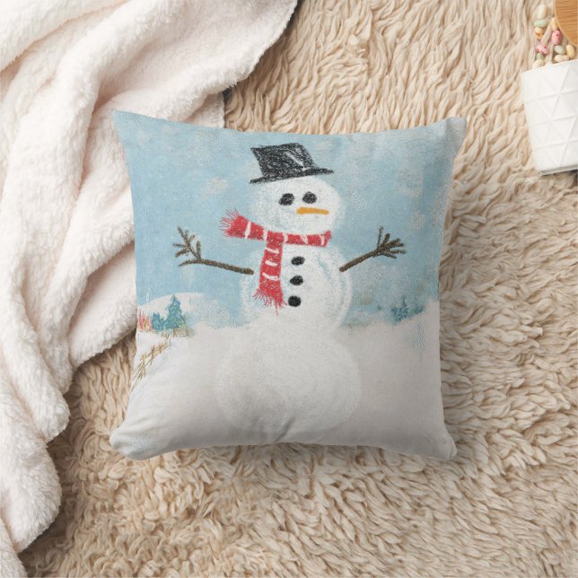Snowman Scene Holiday Christmas Plaid Cute Winter Cushion (Blanket)