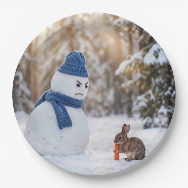 Snowman Scowling at a Rabbit Paper Plate (Front)