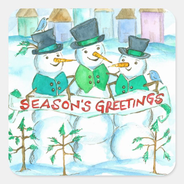 Snowman Season's Greetings Christmas Square Sticker (Front)