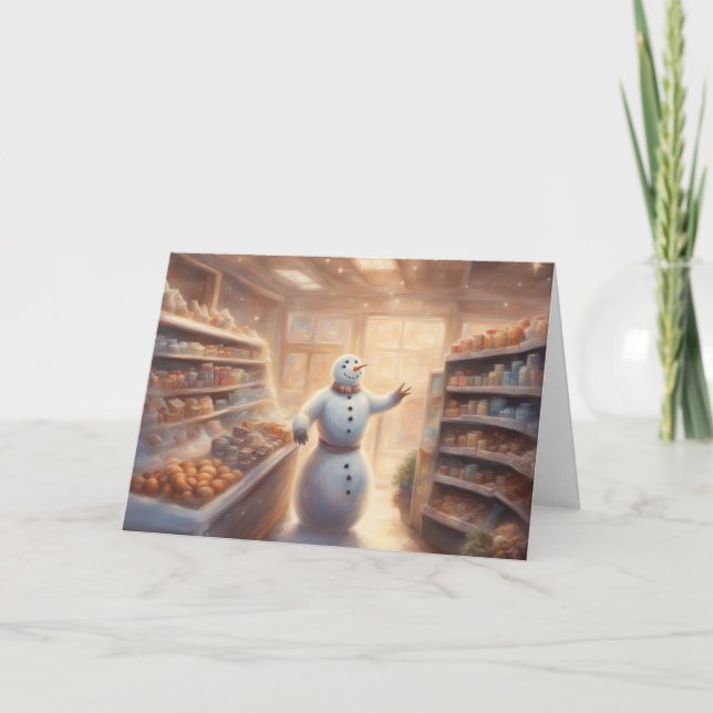 Snowman Shopping for Christmas dinner greeting Card (Front)