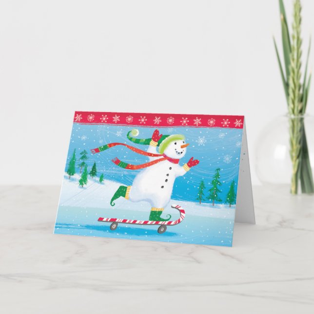 Snowman Skateboarding Greeting Card (Front)