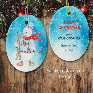 Snowman Skier from Colorado Christmas Ceramic Ornament