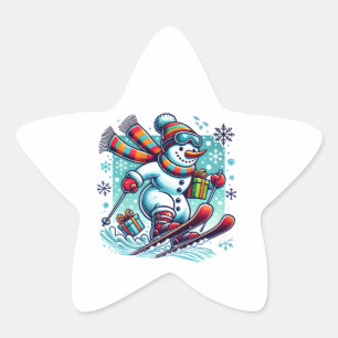 Snowman skiing down snowy hill with a scarf flying star sticker
