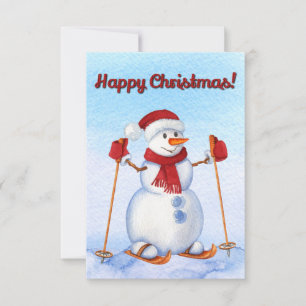 Snowman Skiing Watercolor Winter Christmas Card