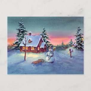 SNOWMAN & SLED by SHARON SHARPE Postcard
