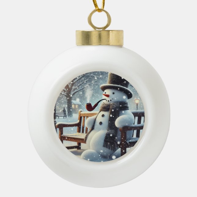 Snowman Smoking  Ceramic Ball Christmas Ornament (Front)