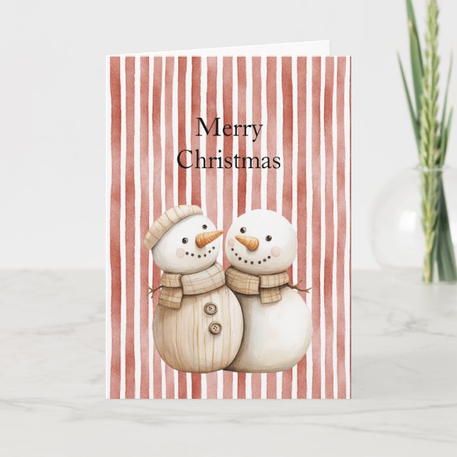 Snowman Snow Couple Red Stripes Christmas  Card (Front)