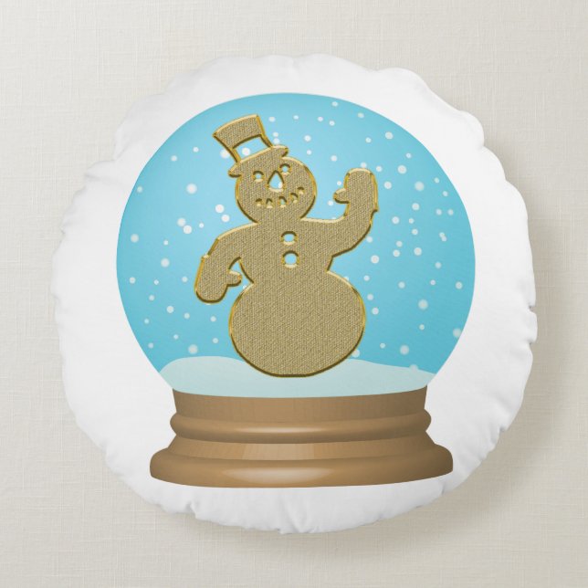 Snowman snow globe cute blue gold white round cushion (Front)