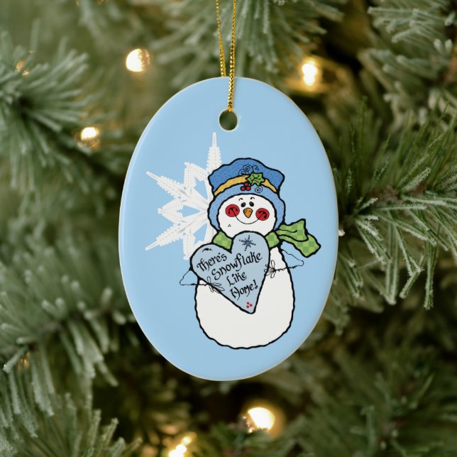 Snowman Snowflake Family Home Blue Christmas Ceramic Ornament (Tree)