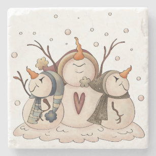 Snowman Snowflake Winter Country Primitive Stone Coaster
