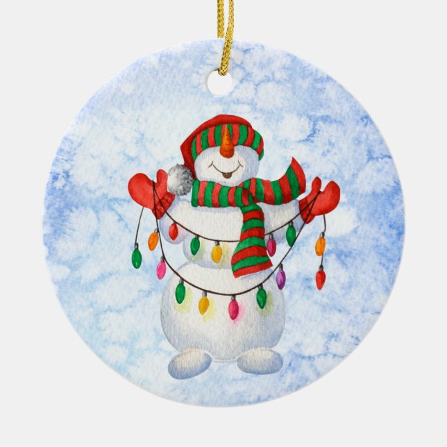 snowman snowflakes jigsaw puzzle postcard ceramic ornament (Front)