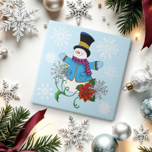 Snowman Snowflakes Poinsettia  Ceramic Tile