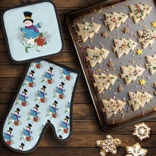 Snowman Snowflakes Poinsettia  Oven Mitt & Pot Holder Set