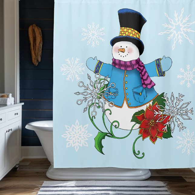 Snowman Snowflakes Poinsettia Shower Curtain (Creator Uploaded)