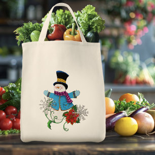 Snowman Snowflakes Poinsettia Tote Bag
