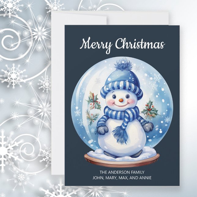 Snowman Snowglobe Navy Blue White Merry Christmas Holiday Card ( Christmas snowman "Merry Christmas" customizable greeting card)