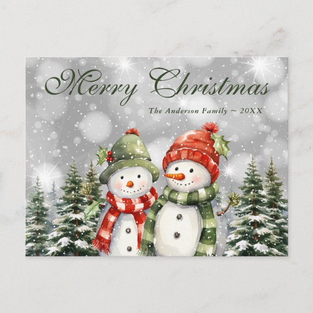 Snowman Snowy Forest Merry Christmas Holiday Postcard (Front)