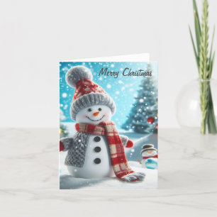 Snowman standing in winter landscape holiday card