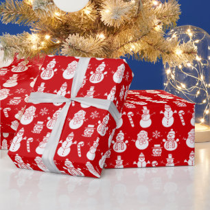 Snowman Stars Cute Red Holiday Xmas Retro Vintage Wrapping Paper