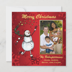 Snowman Stars on Red Photo Holiday Greeting Card