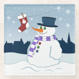 Snowman & Stocking Christmas Glass Coaster