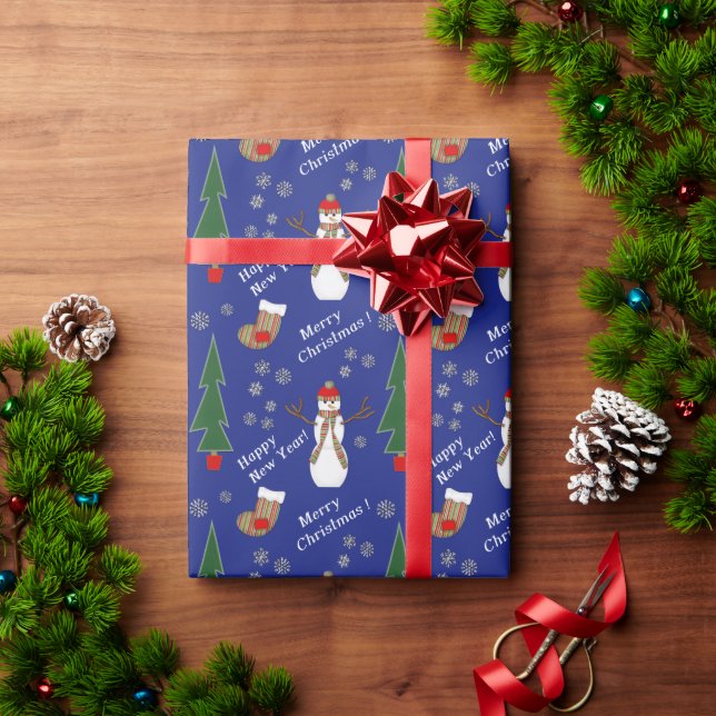 Snowman Stocking Christmas Pattern on Blue Wrapping Paper (Holiday Gift)