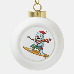 Snowman Surfer Christmas 2026 Funny Holiday Sports Ceramic Ball Christmas Ornament