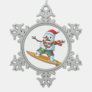 Snowman Surfer Christmas 2026 Funny Holiday Sports Snowflake Pewter Christmas Ornament