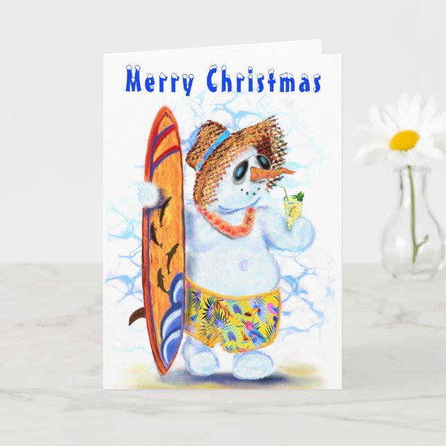 Snowman Surfer Funny Christmas Card (Small Plant)