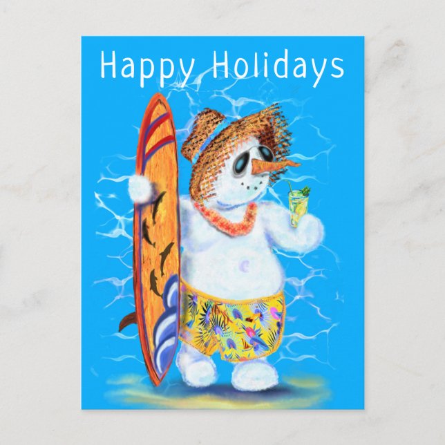 Snowman Surfer Happy Holidays Funny Postcard (Front)