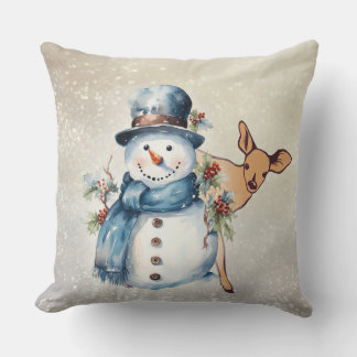 "Snowman Surrounded in Holly" with a Fawn  Cushion