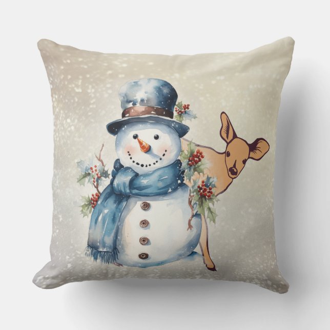 "Snowman Surrounded in Holly" with a Fawn  Cushion (Front)