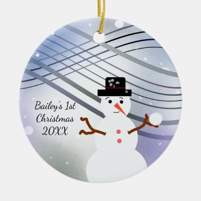 Snowman Swirl First Christmas Ceramic Ornament (Front)