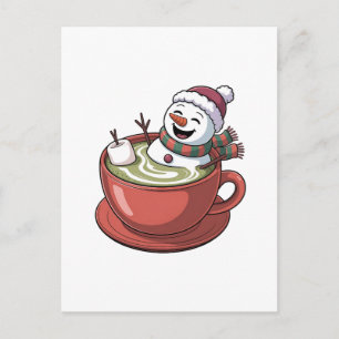 Snowman Taking Bathub on a Matcha Drink Christmas Holiday Postcard