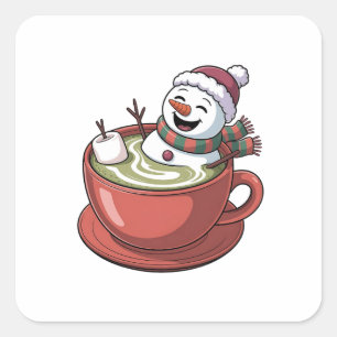 Snowman Taking Bathub on a Matcha Drink Christmas Square Sticker