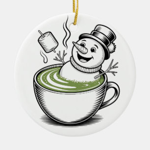 Snowman Taking Bathub On Macha Christmas  Ceramic Ornament