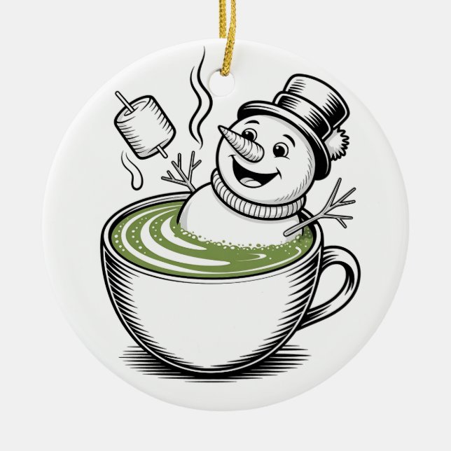 Snowman Taking Bathub On Macha Christmas  Ceramic Ornament (Front)