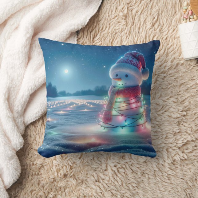 Snowman Tangled In Glowing Christmas Lights Cushion (Blanket)