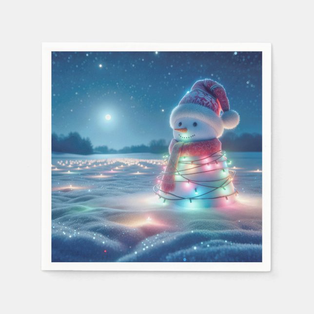 Snowman Tangled In Glowing Christmas Lights Napkin (Front)