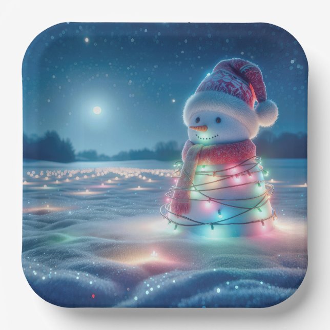 Snowman Tangled In Glowing Christmas Lights Paper Plate (Front)