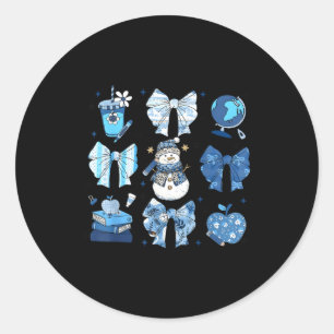 Snowman Teacher Winter Bows Clroom Cute Blue Aesth Classic Round Sticker
