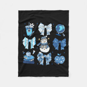 Snowman Teacher Winter Bows Clroom Cute Blue Aesth Fleece Blanket