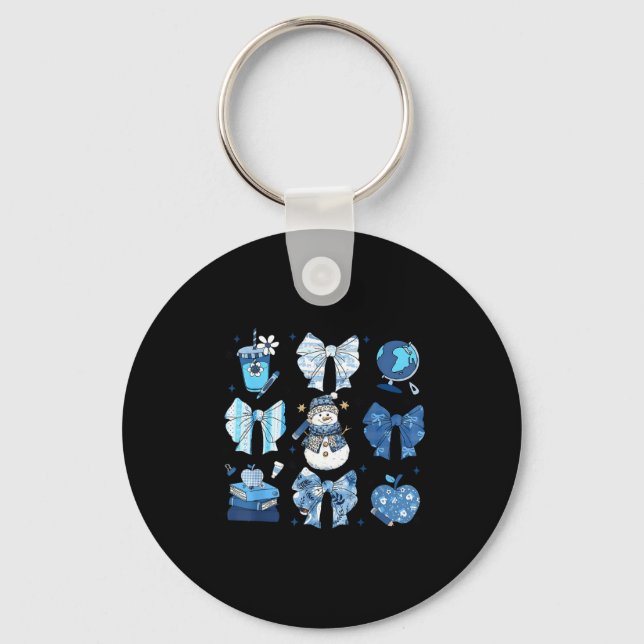 Snowman Teacher Winter Bows Clroom Cute Blue Aesth Key Ring (Front)