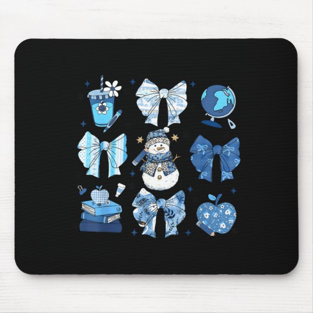 Snowman Teacher Winter Bows Clroom Cute Blue Aesth Mouse Pad (Front)
