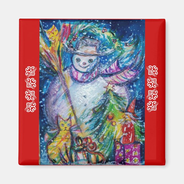 SNOWMAN,TOYS AND CHRISTMAS TREE Red Blue Magnet (Front)
