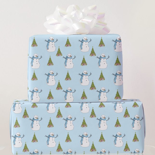 Snowman & Tree Light Blue Christmas Wrapping Paper (Creator Uploaded)