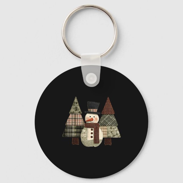 Snowman Trees Patchwork Plaid Trees Rustic Christm Key Ring (Front)